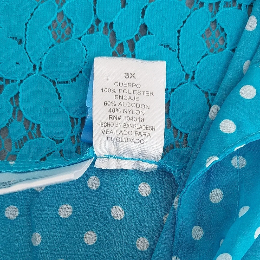 Allison Brittney Woman Turquoise Polka Dot Tie-Front Top 3X Lace Back - Picture 3 of 6